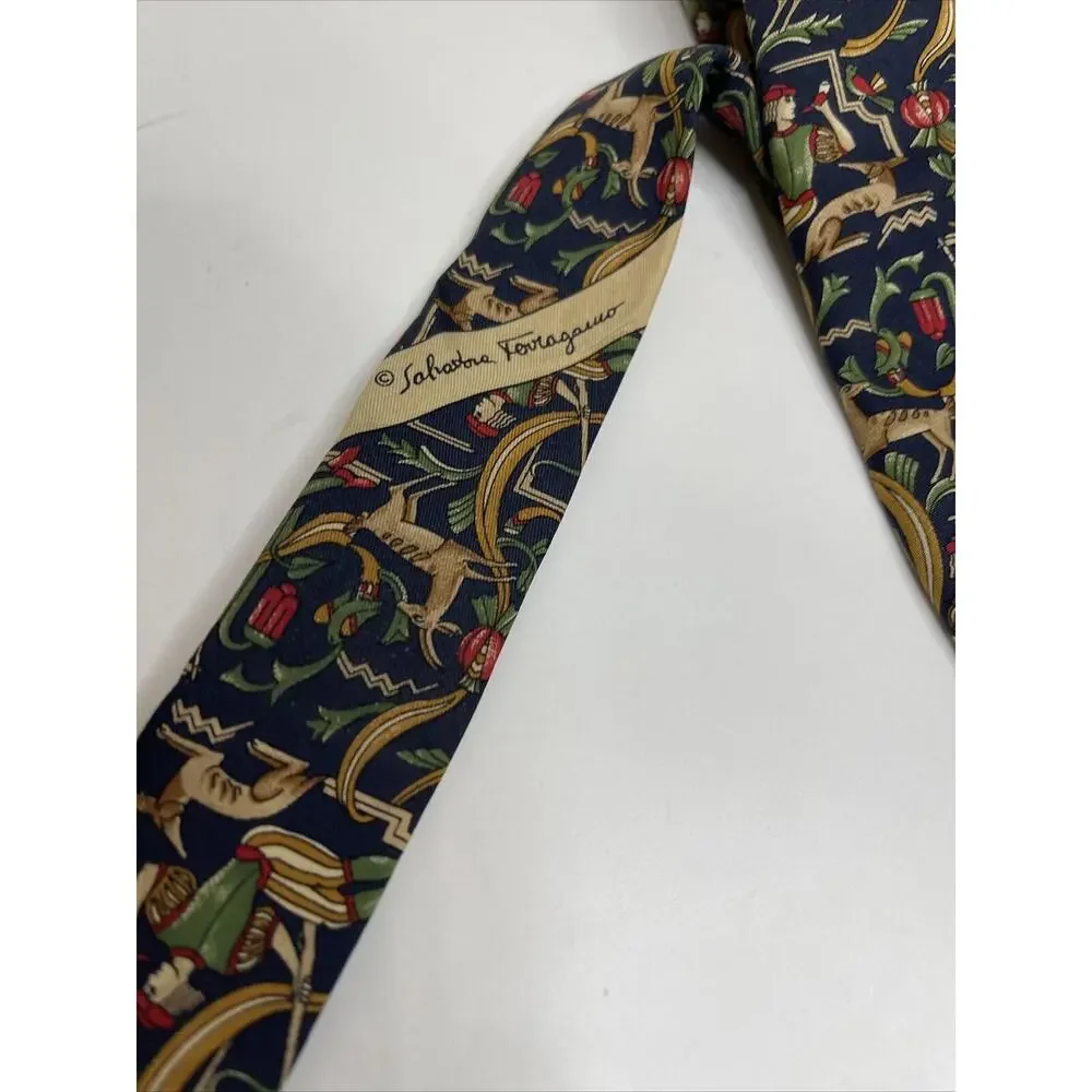 Salvatore Ferragamo Silk Tie Mens Blue Red Abstract Deer Hunter Print Pointed
